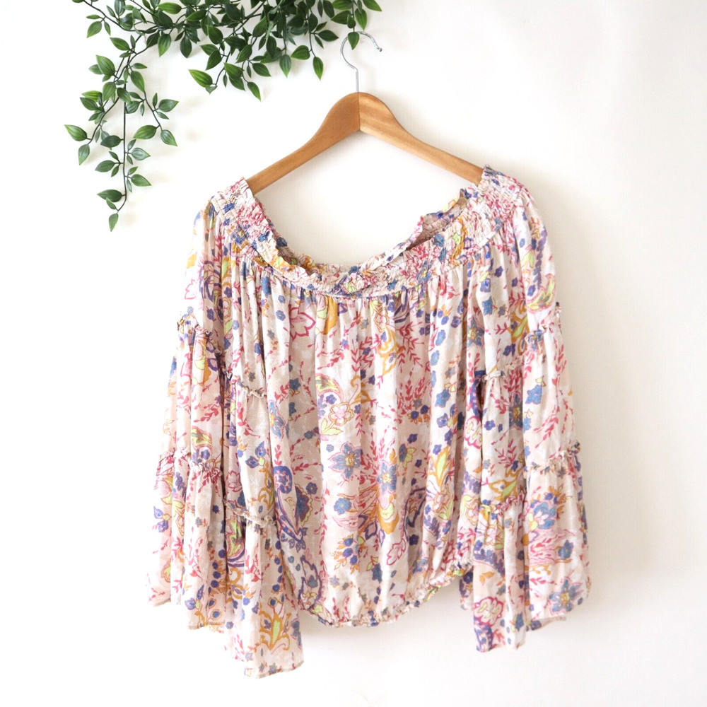 Free People Pink & Blue Floral Bell Sleeve Elastic Waist Top Size Medium